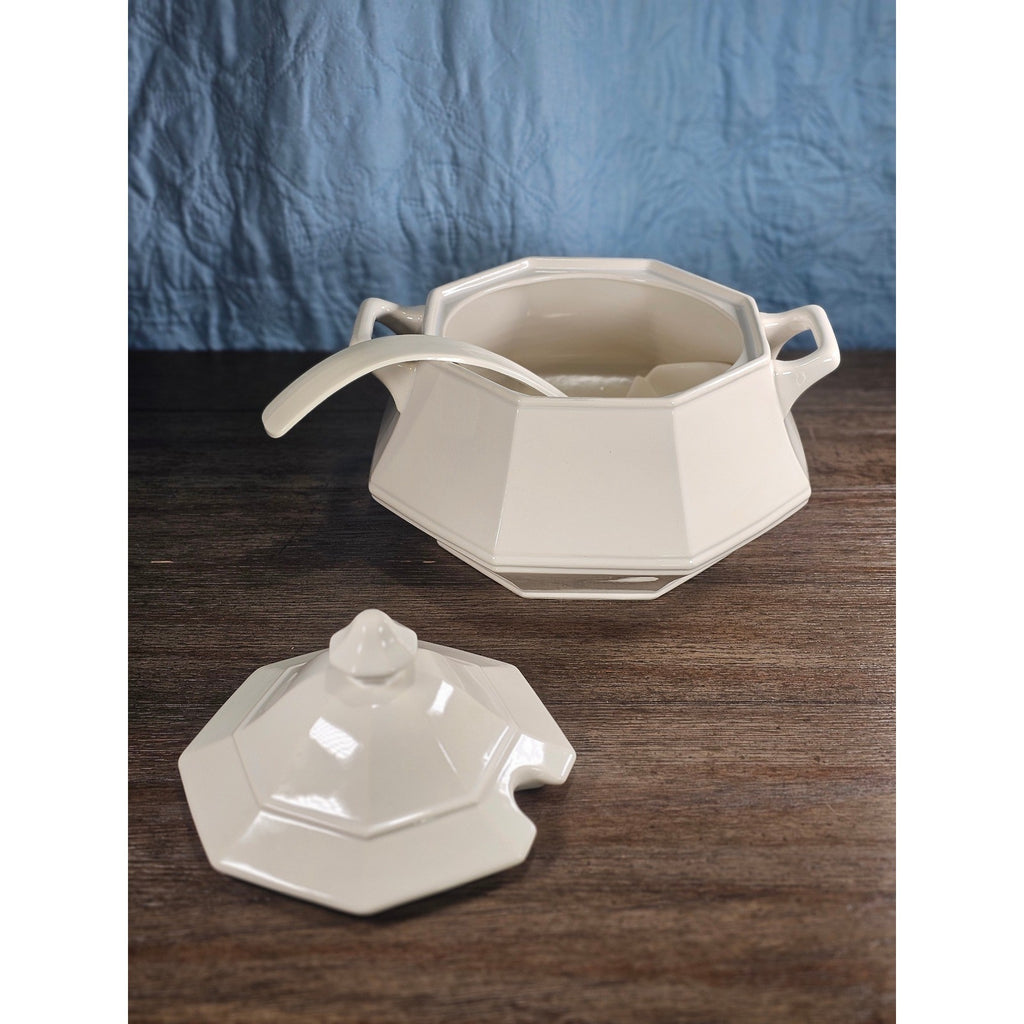 Vintage White Soup Tureen with Lid and Ladle | Octagonal Serving Dish