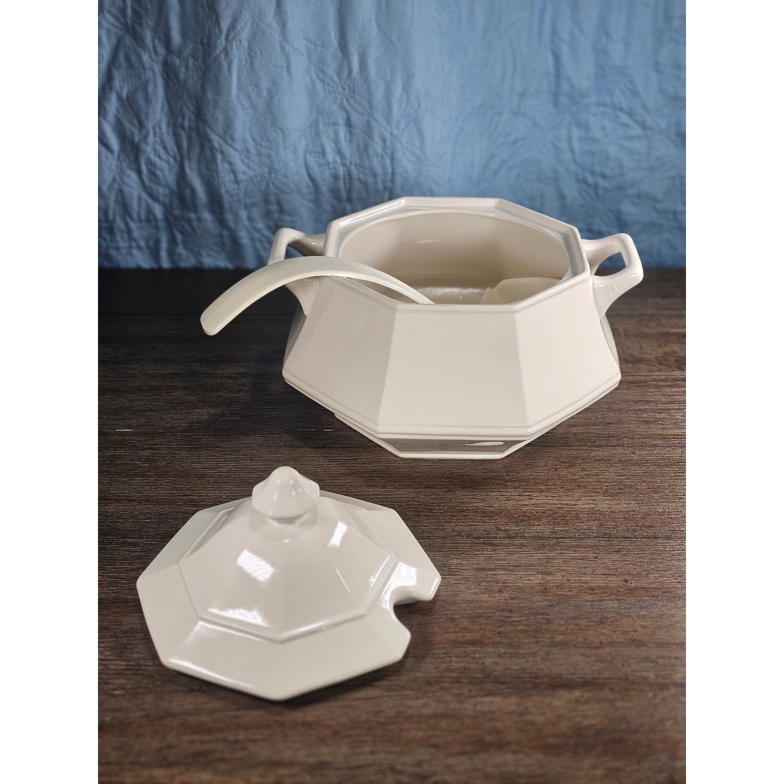 Vintage White Soup Tureen with Lid and Ladle | Octagonal Serving Dish