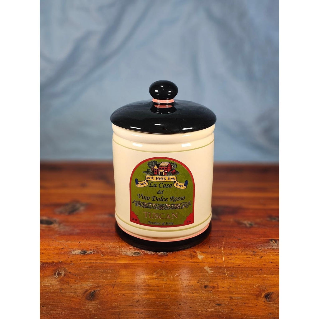 Vintage OGGI Tuscan Wine Label Ceramic Canister With Lid 8 In