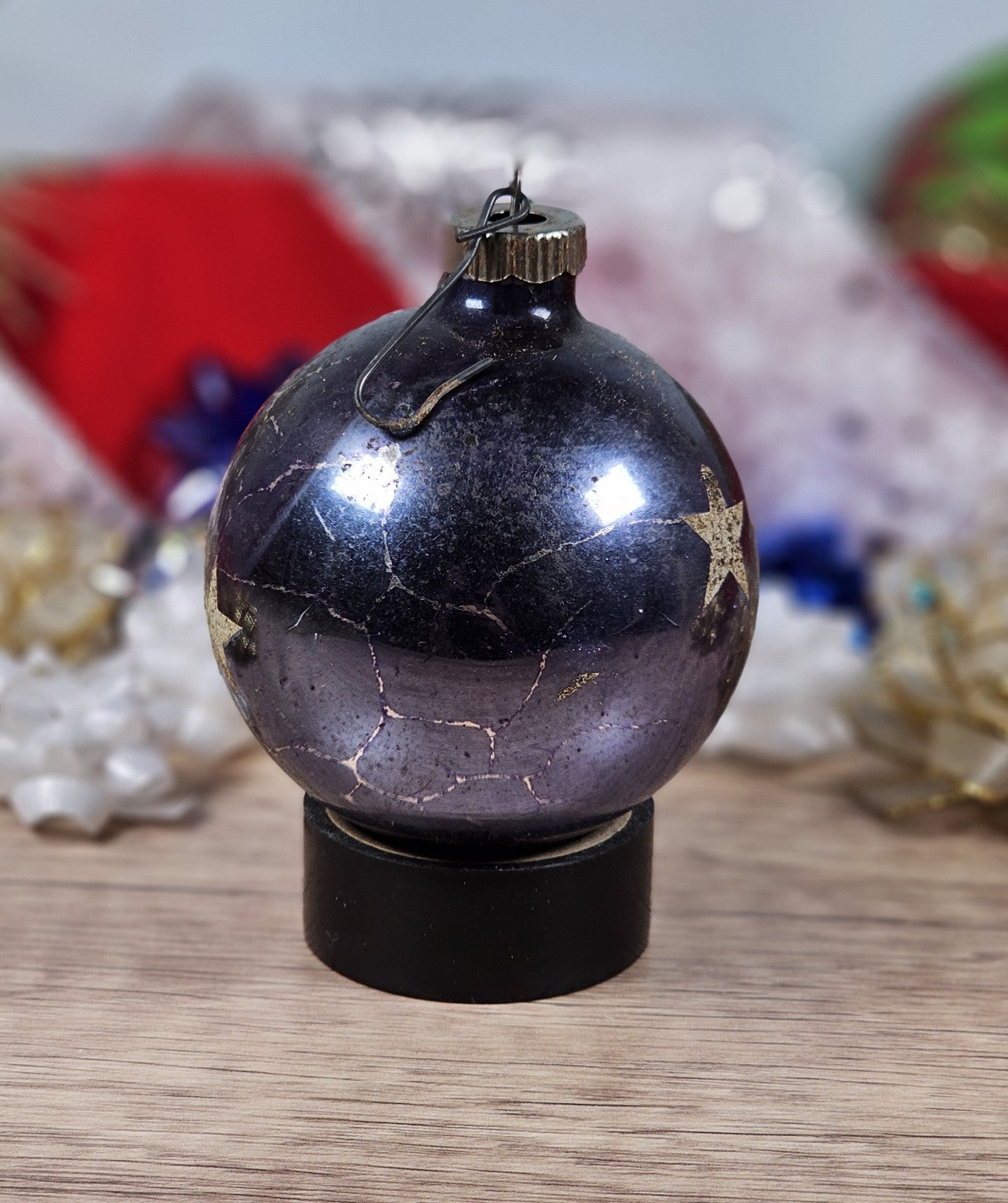 Set of 3 70s Vgt Hand Blown Glass Christmas Ornaments Strips and Stars