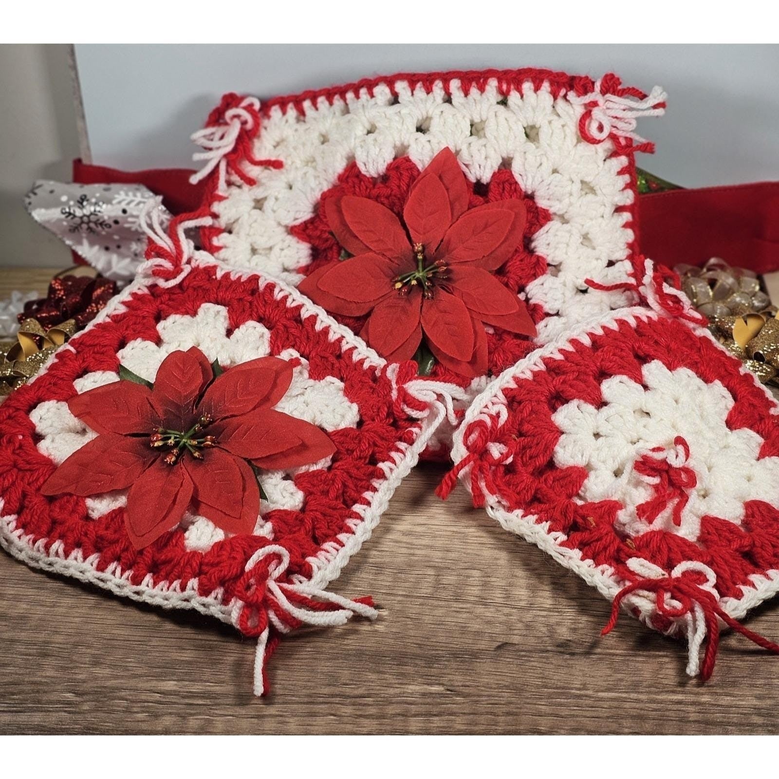 Vintage Crochet Poinsettia Ornaments Set 3 Christmas Decor