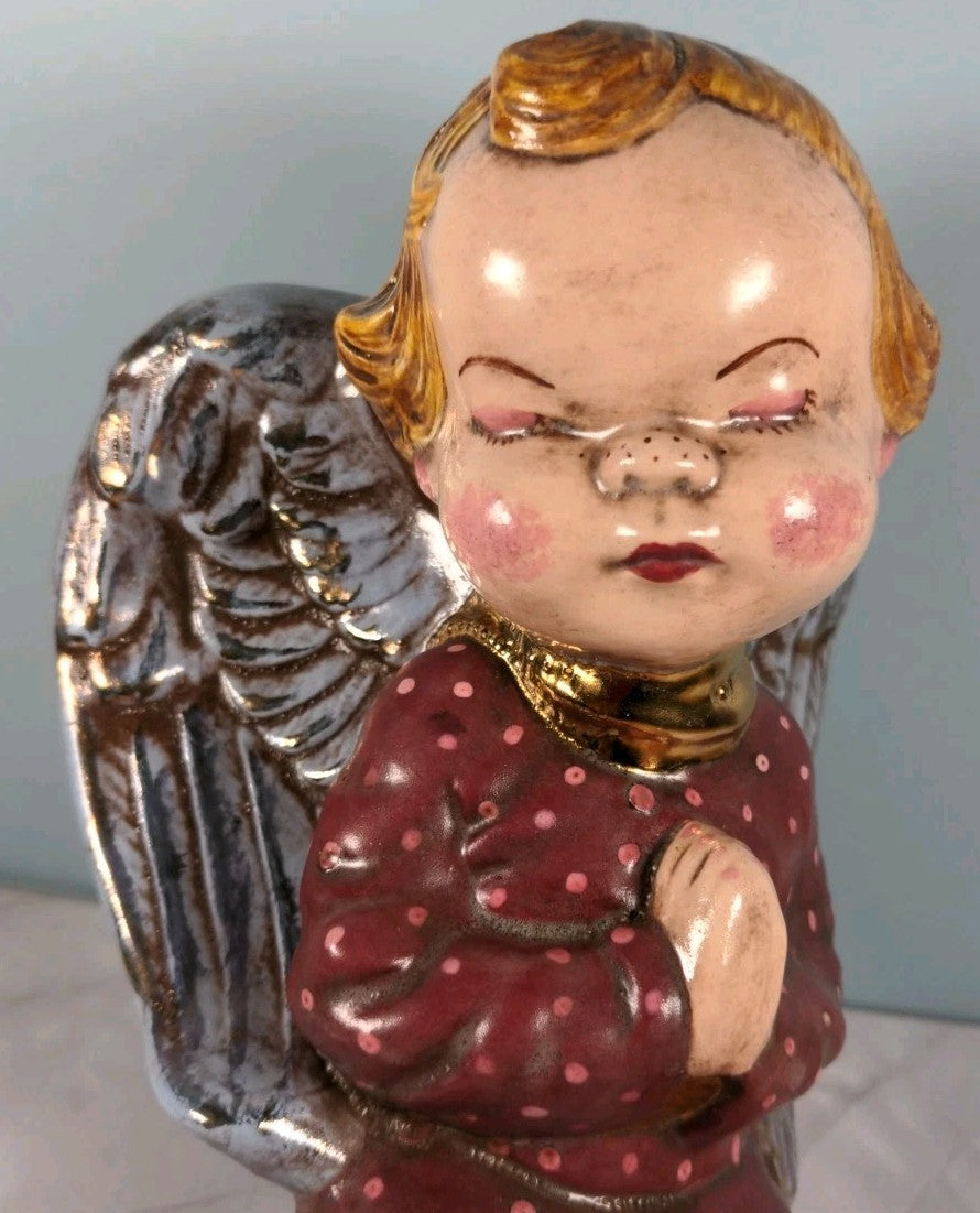 Vintage Kneeling Angel Ceramic Planter Vase 7.5″ Tall Rustic Home Decor