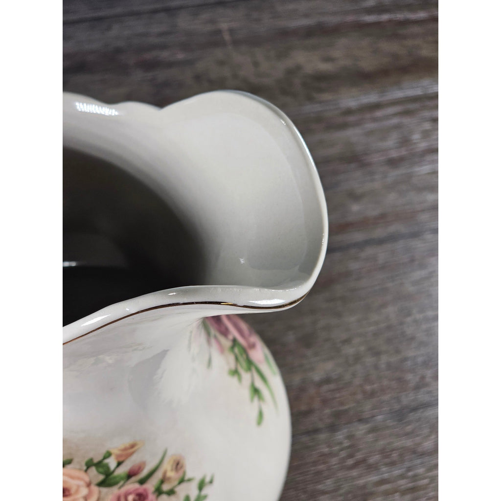 Vintage Belk Floral Ceramic Pitcher Rose Urn Design Cream Vase Handle