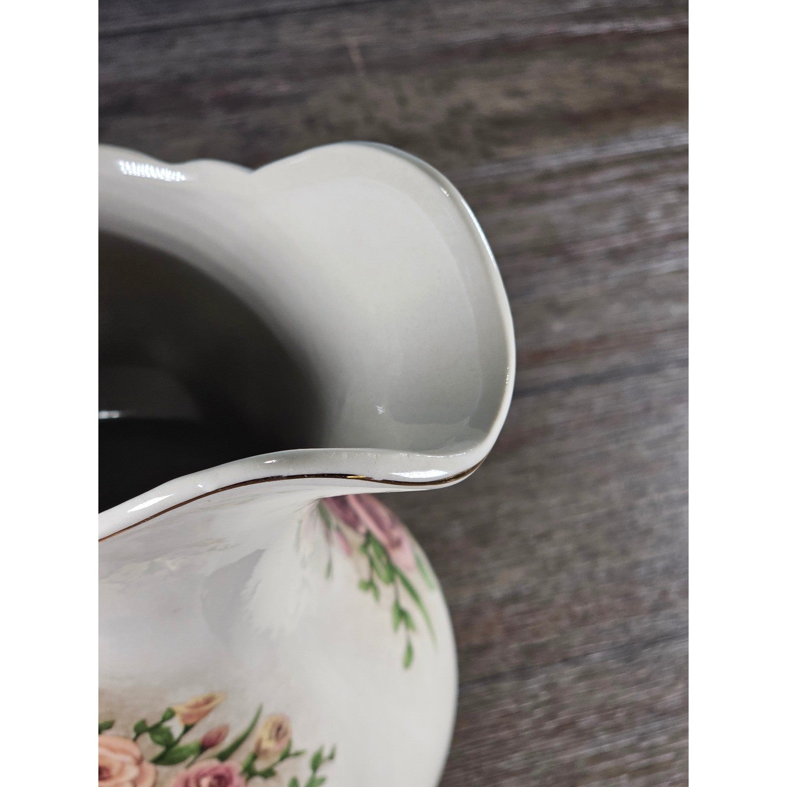 Vintage Belk Floral Ceramic Pitcher Rose Urn Design Cream Vase Handle