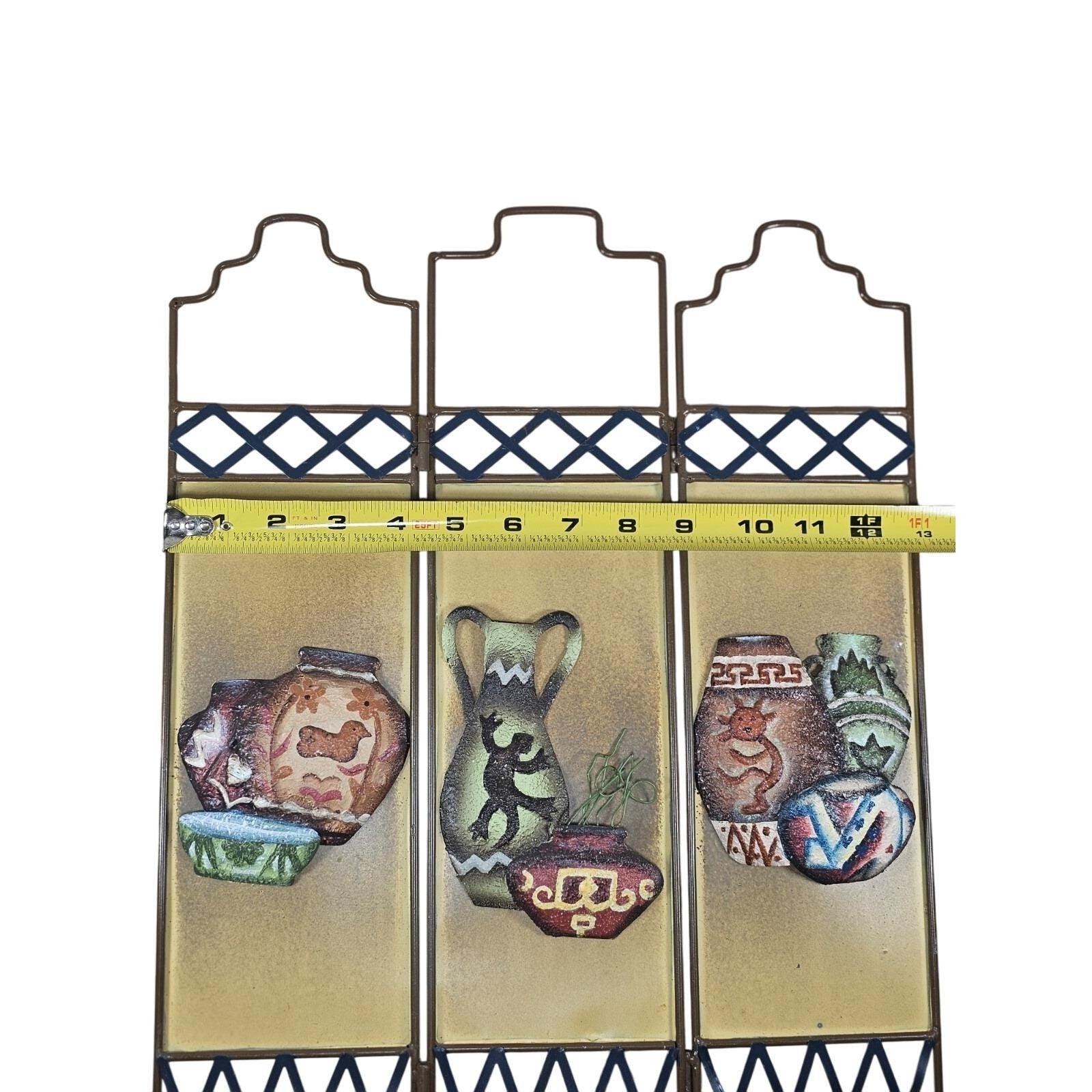 Decorative Trifold Folding Screen Ceramic Style Panel Bronze Blue Accent