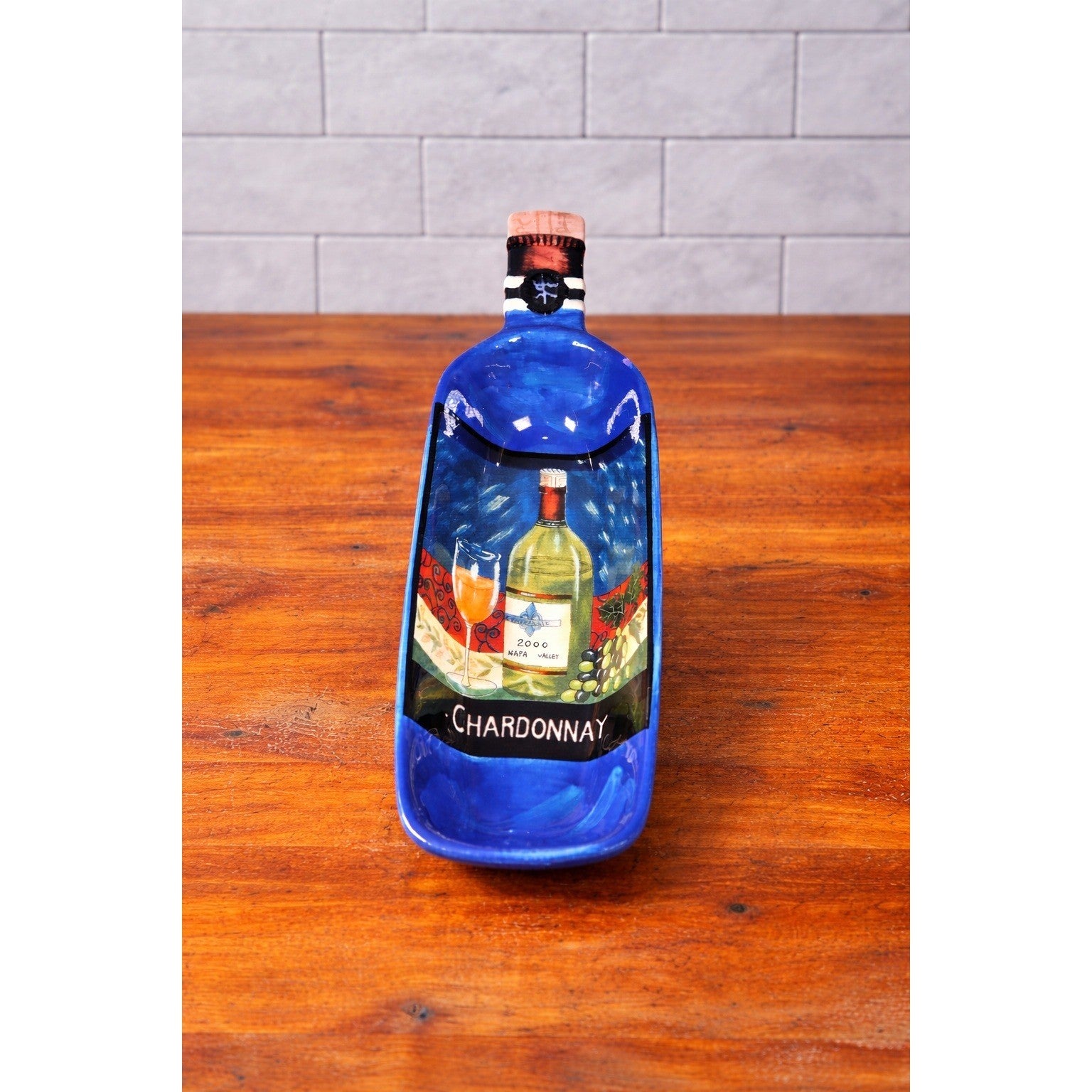 Blue Ceramic Wine Bottle Shaped Serving Dish with Chardonnay Scene NAPA VALLEY