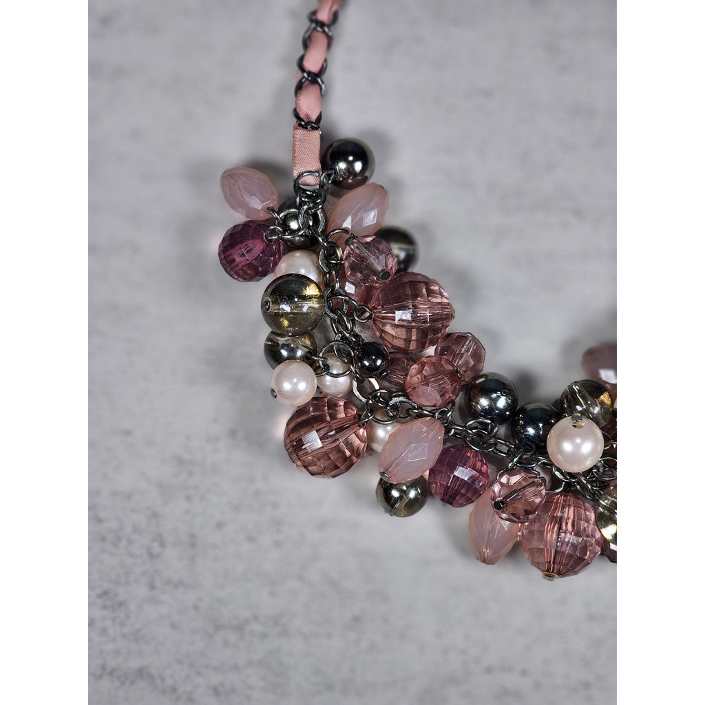Vintage Pink Beaded Cluster Necklace with Ribbon Chain Detail