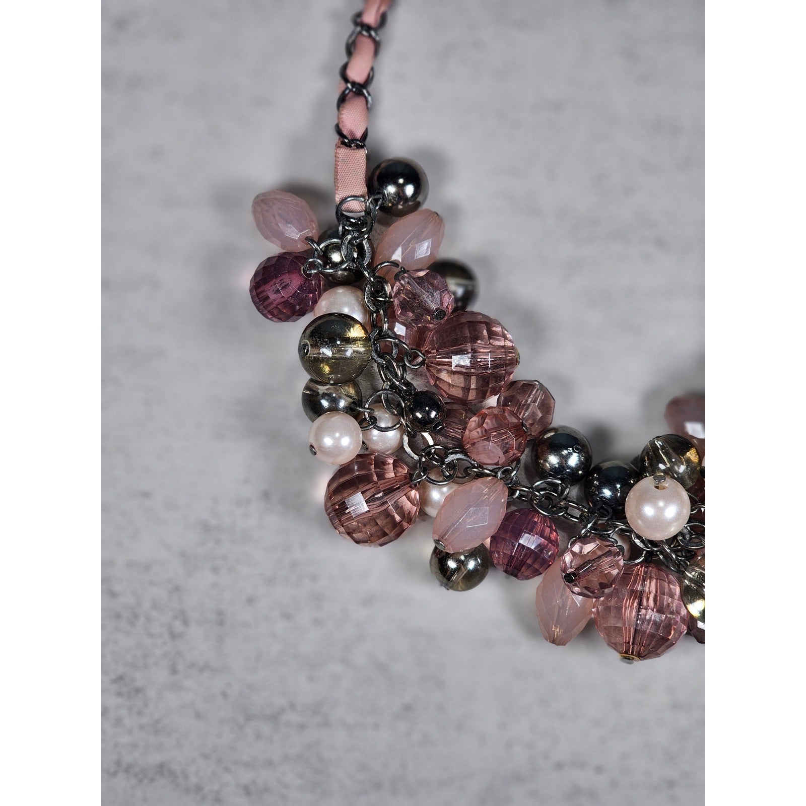 Vintage Pink Beaded Cluster Necklace with Ribbon Chain Detail