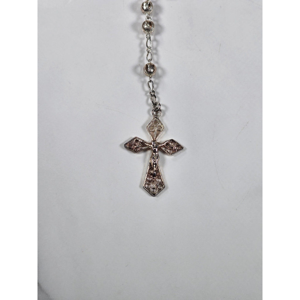 Vintage Silver Tone Rosary Necklace with Filigree Cross Pendant