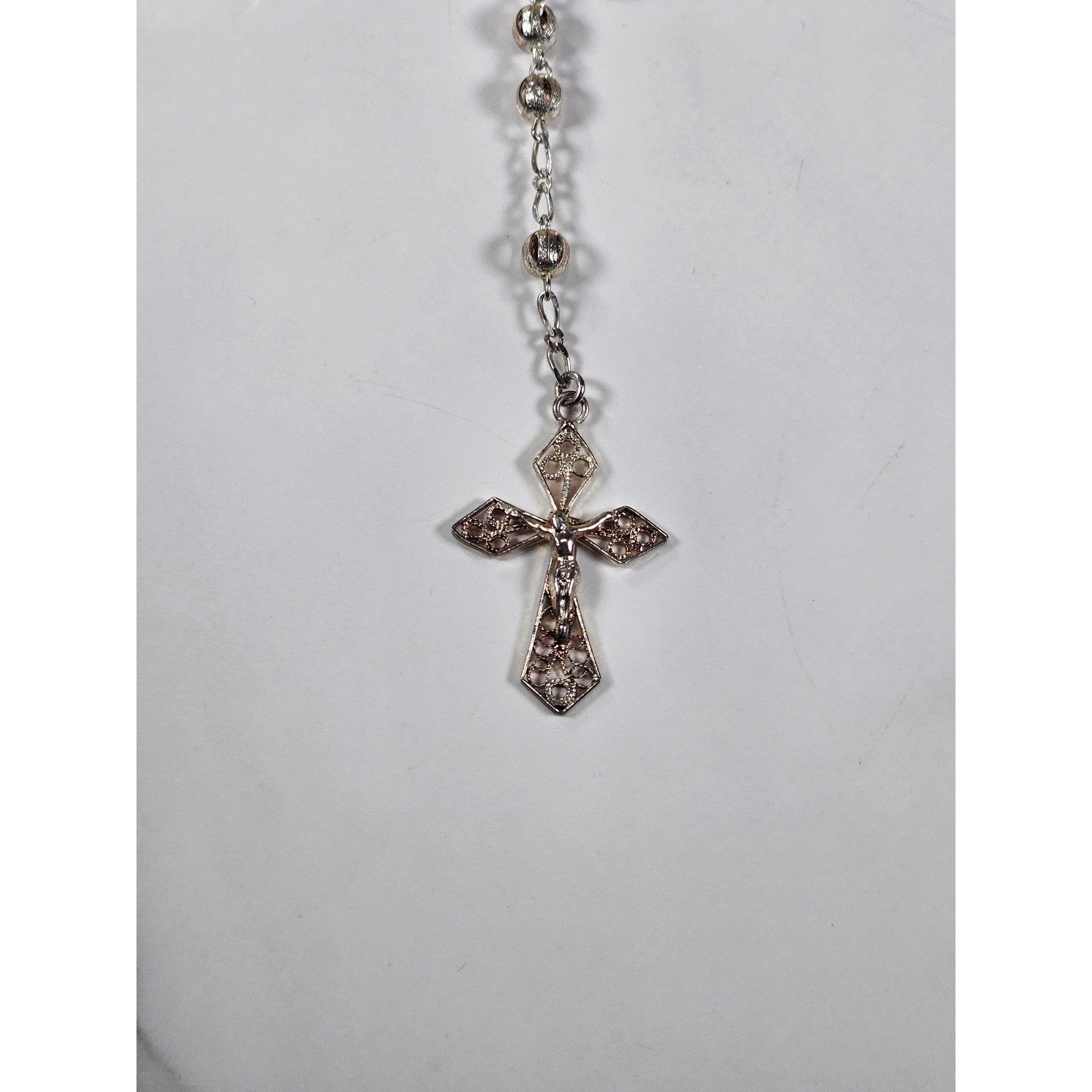 Vintage Silver Tone Rosary Necklace with Filigree Cross Pendant