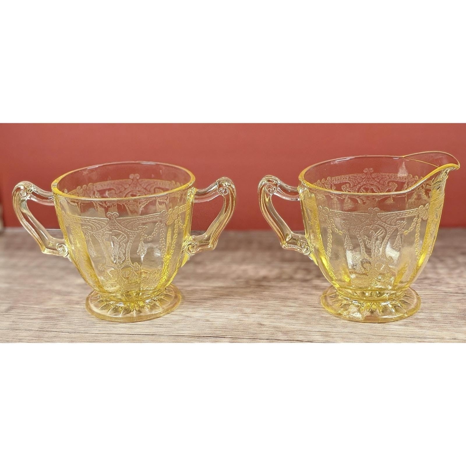 Vintage Anchor Hocking Cameo Ballerina Yellow Glass Creamer & Sugar Set