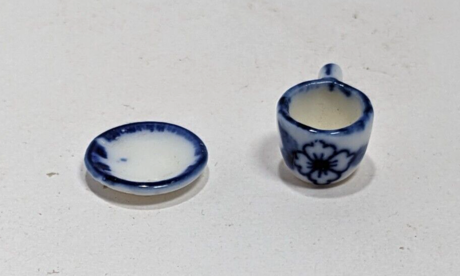 Dollhouse Tea Set with Blue White Floral Ceramic 1:12 Scale Miniature