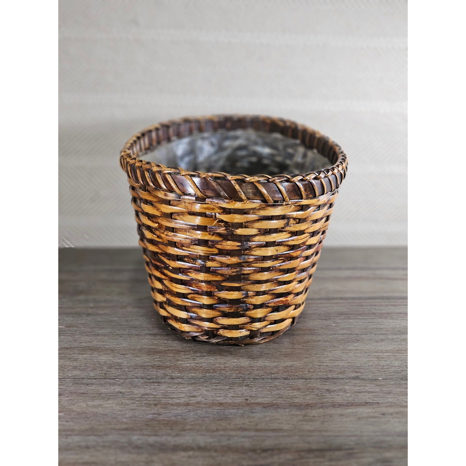 Vintage Woven Basket with Plastic Liner – Rustic Storage or Planter Basket