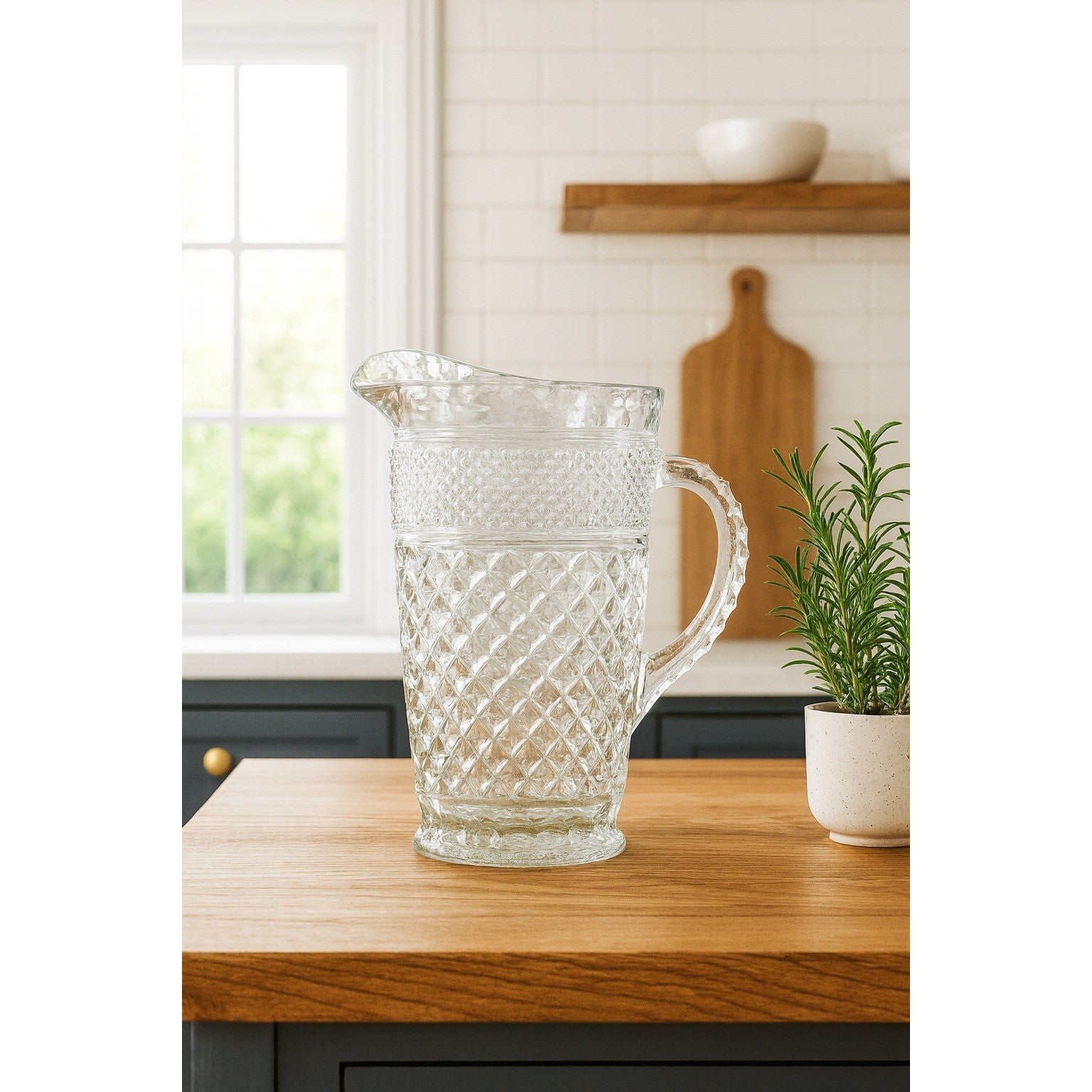Vintage Heavy Clear Crystal Glass Diamond Pattern Water Pitcher – With Chip