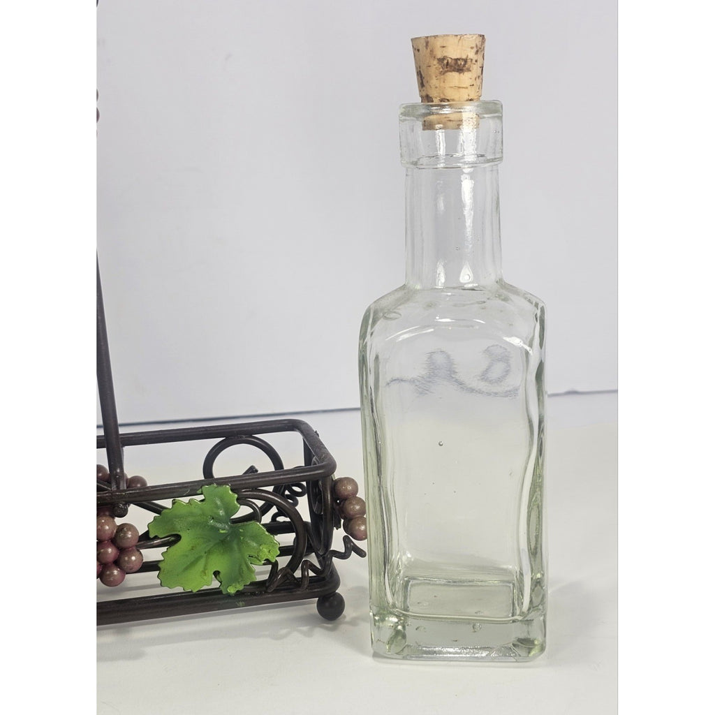 Glass Oil and Vinegar Cruet Set with Cork Stoppers and Metal Grape Caddy