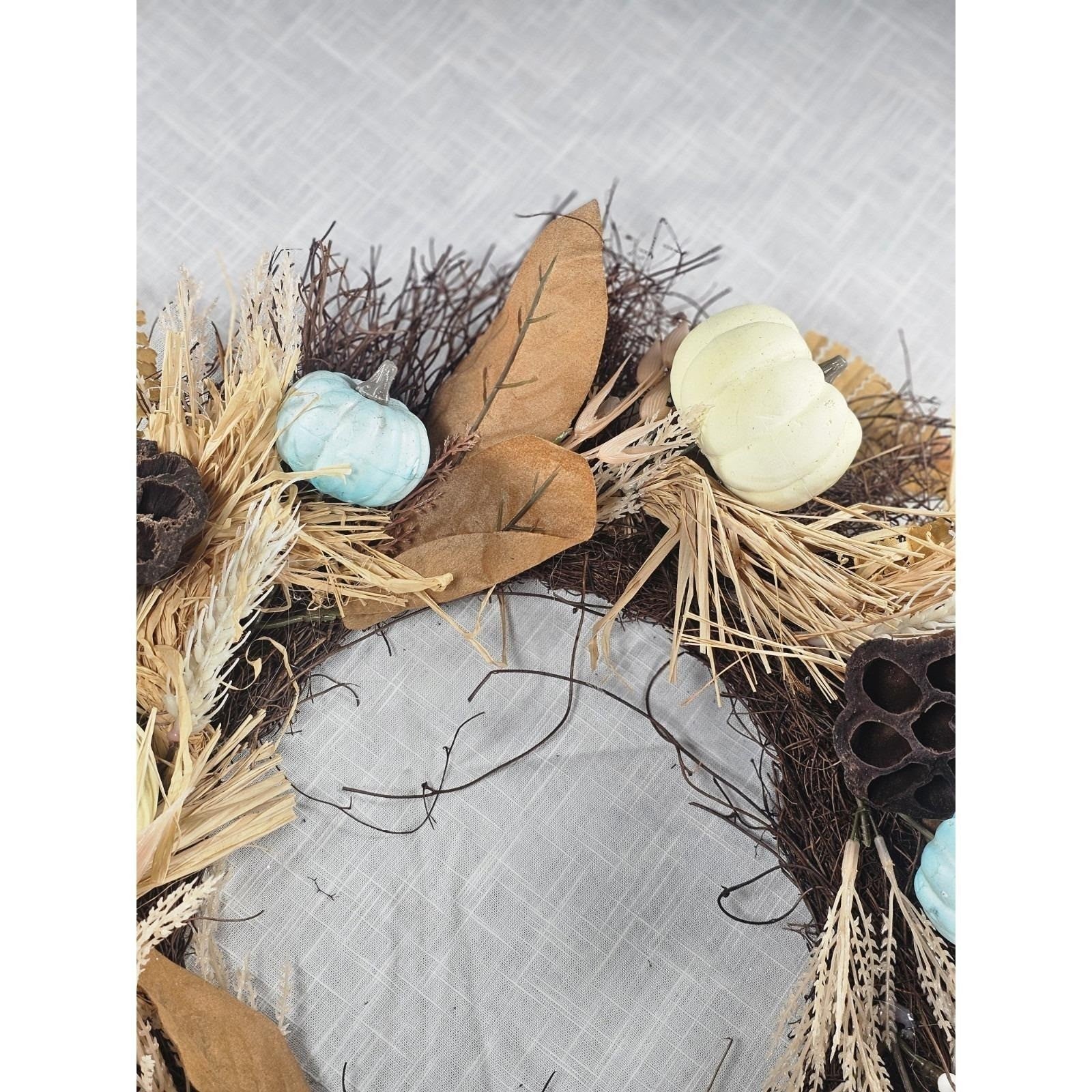 Rustic Fall Harvest Wreath With Pumpkins, Berries, Leaves Seasonal Decor