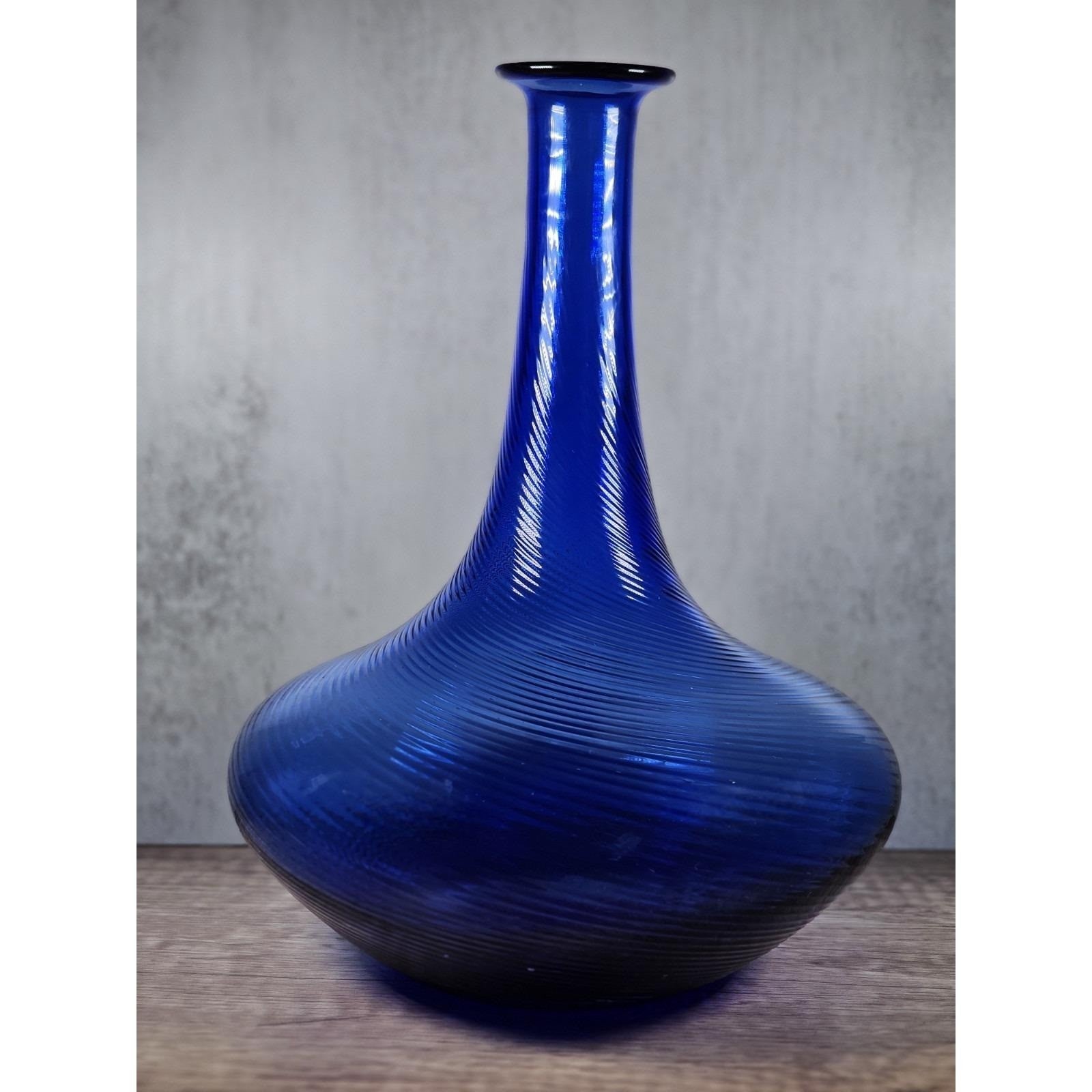 Vintage Cobalt Blue Swirl Glass Vase 1970s Art Glass Decor