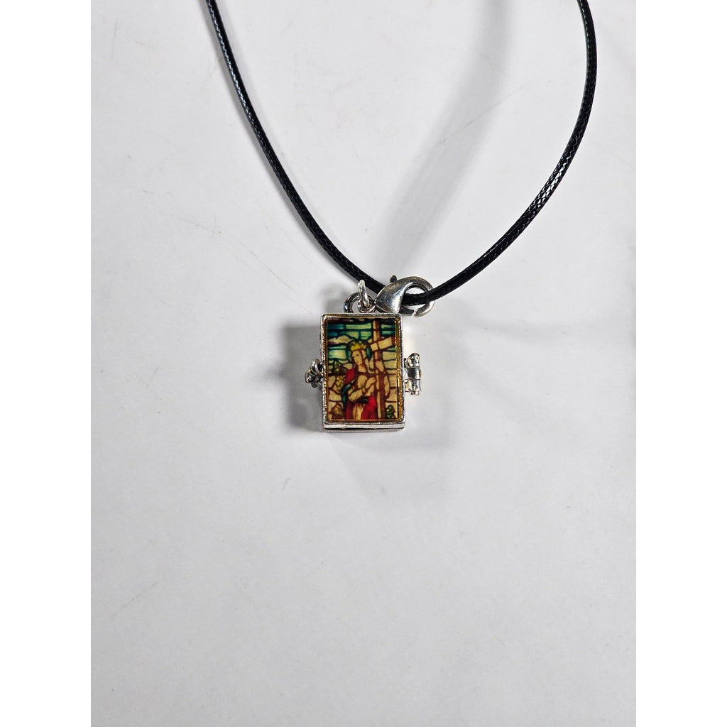 Vintage Stained Glass Locket Necklace Religious Pendant Charm