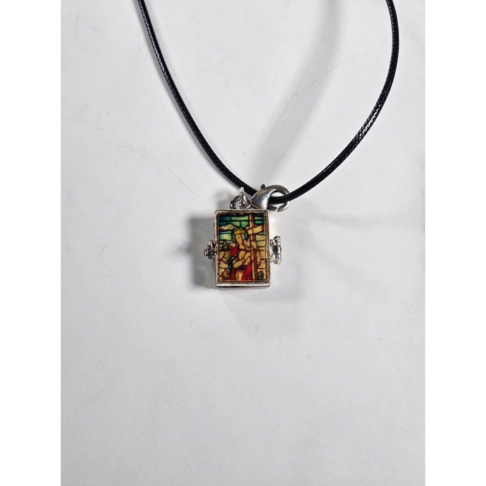 Vintage Stained Glass Locket Necklace Religious Pendant Charm