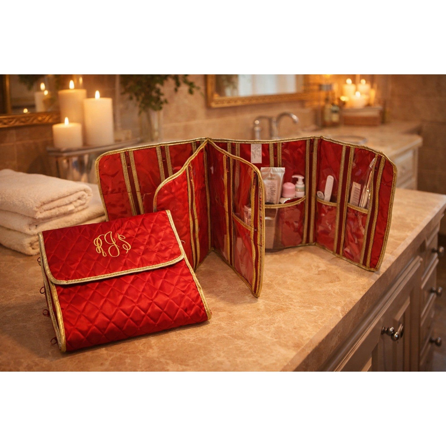 Embroidered "RJS" Red Quilted Makeup & Toiletry Bag Vintage Lillian Vernon