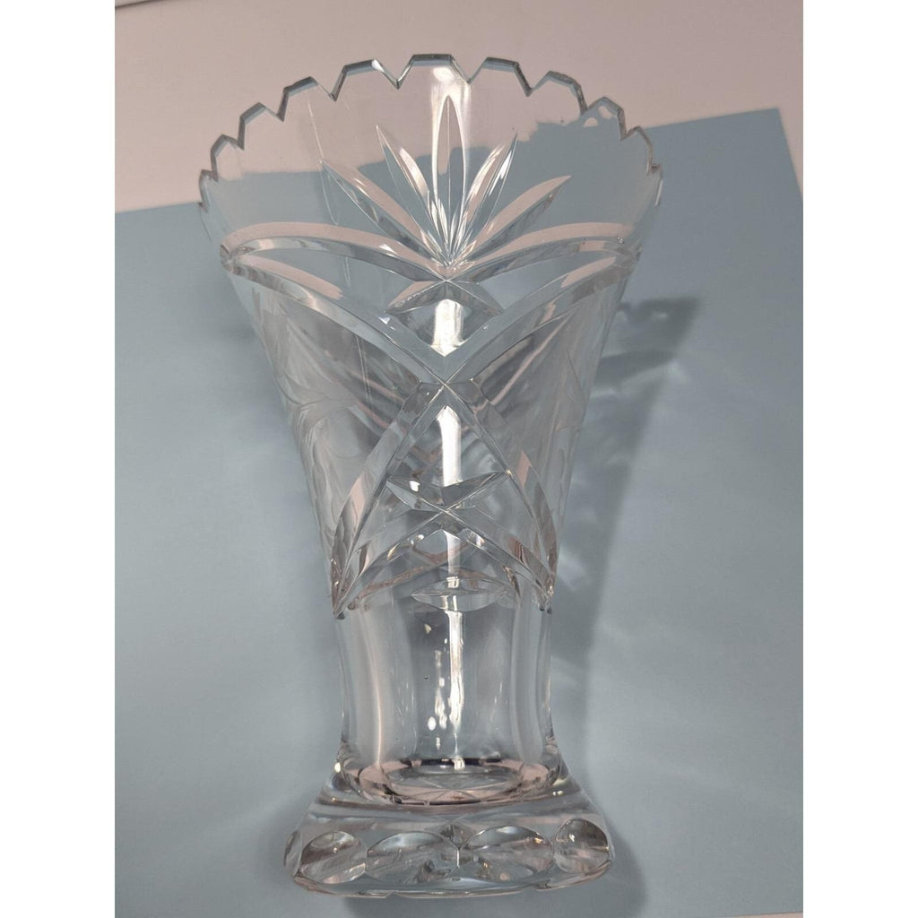 Vintage Cut Crystal Trumpet Vase Starburst Pedestal Vase 7.5 Inch