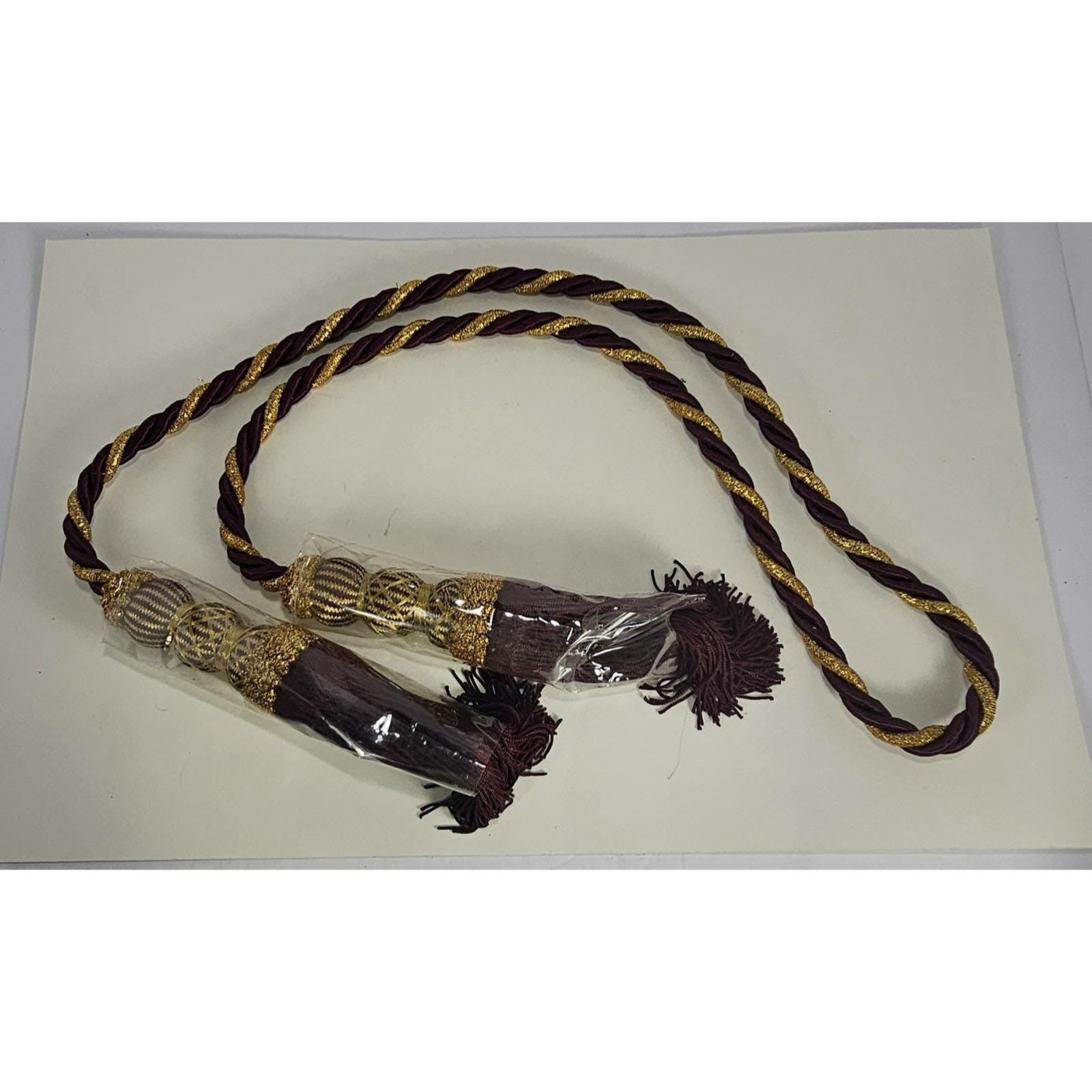 Vintage Maroon Gold Curtain Tiebacks 6ft Decorative Tassel Rope Pair