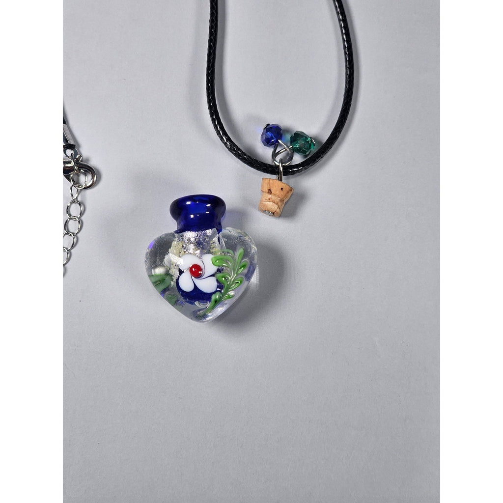 Glass Heart Bottle Pendant Necklace with Floral Design on Black Cord
