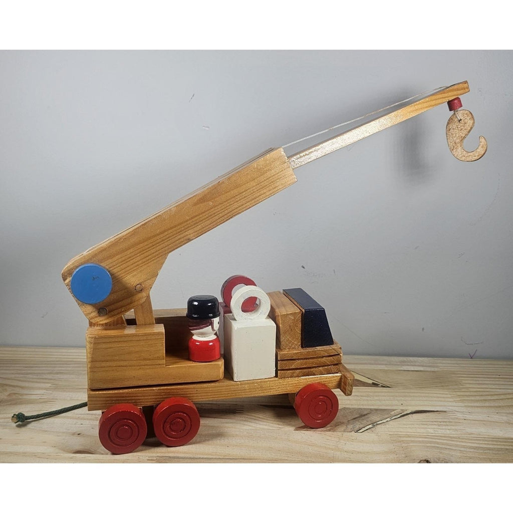 Vintage Wooden Crane Truck Pull Toy Mid Century Construction Toy