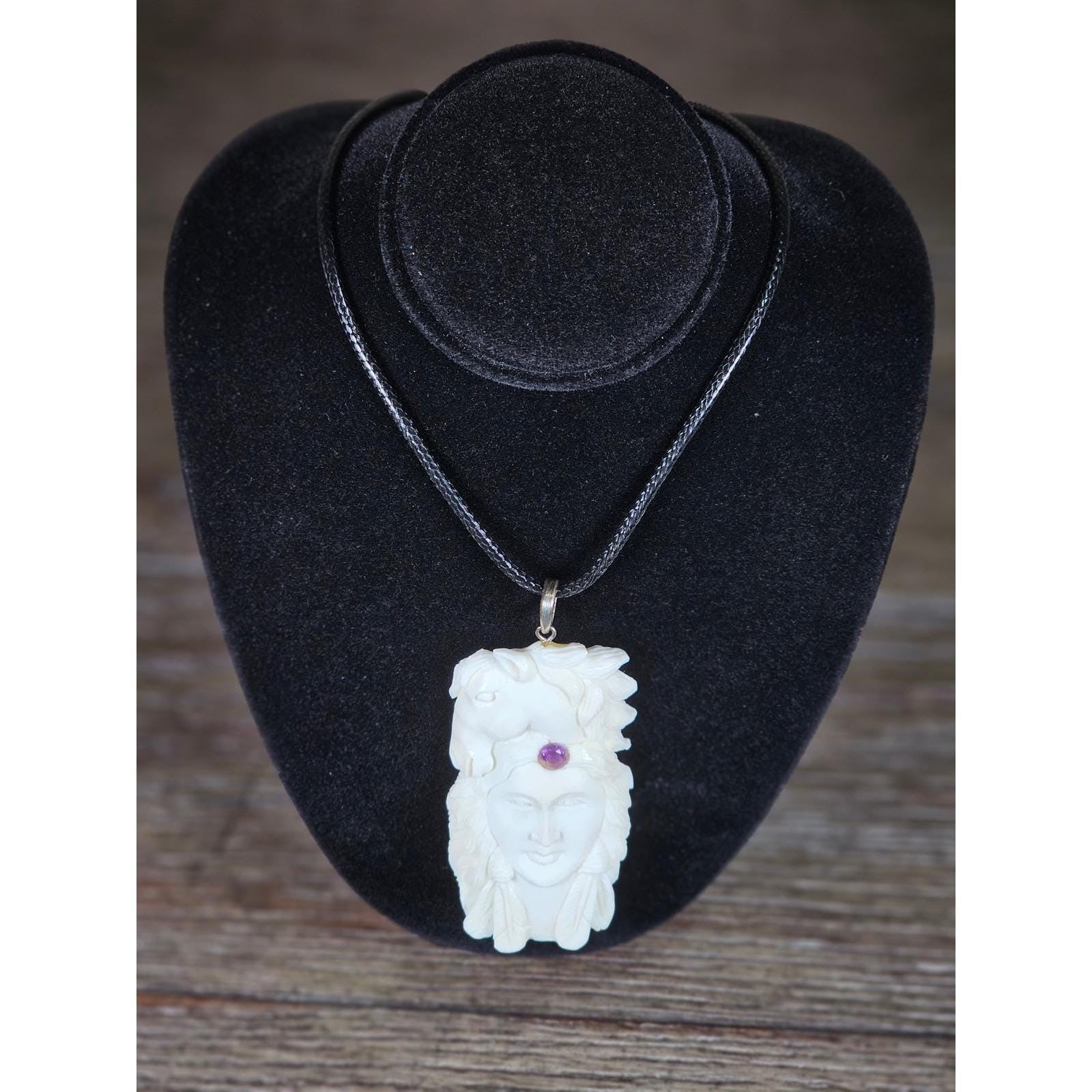 Vintage Carved Woman Horse Pendant Necklace Purple Stone
