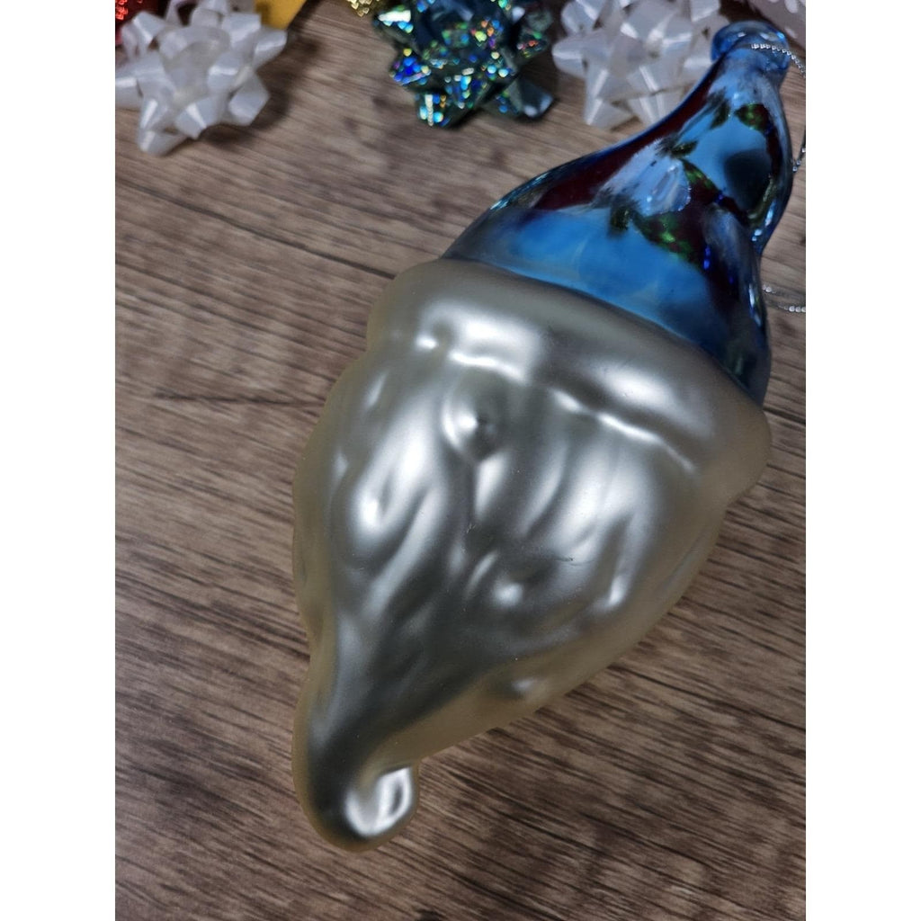 Vintage Glass Santa Ornament Blue Hat 1970s Handblown 7 Inch