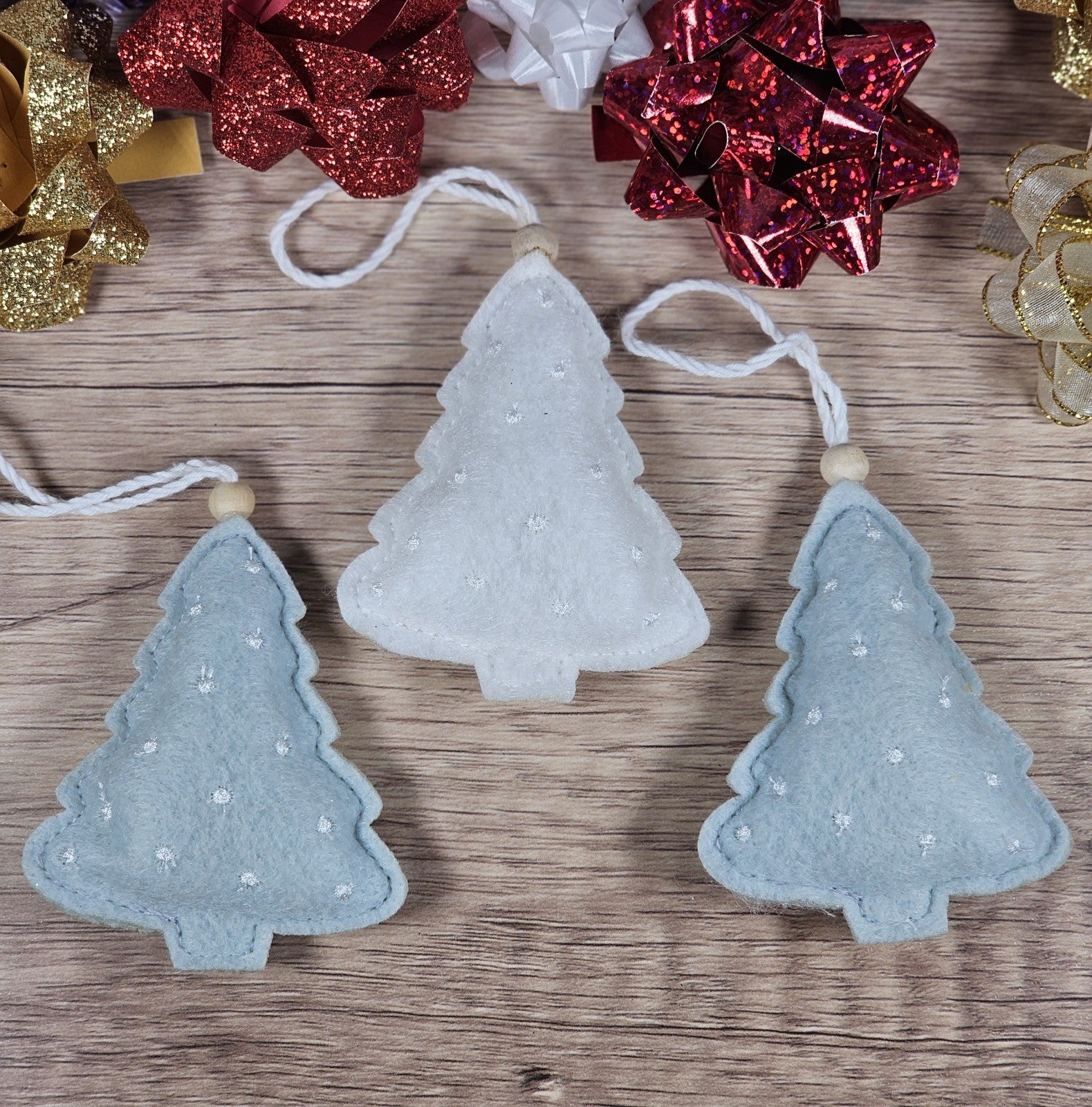 Set of 3 Gray and White Felt 3 inch Christmas Tree Ornaments