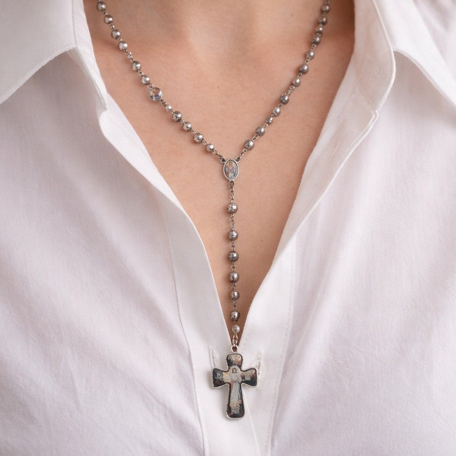 Vintage Rosary Necklace Sacred Heart Cross Religious Medal Beaded