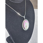 Vintage Angel Cameo Pendant Necklace Pink Relief Silver Tone Oval