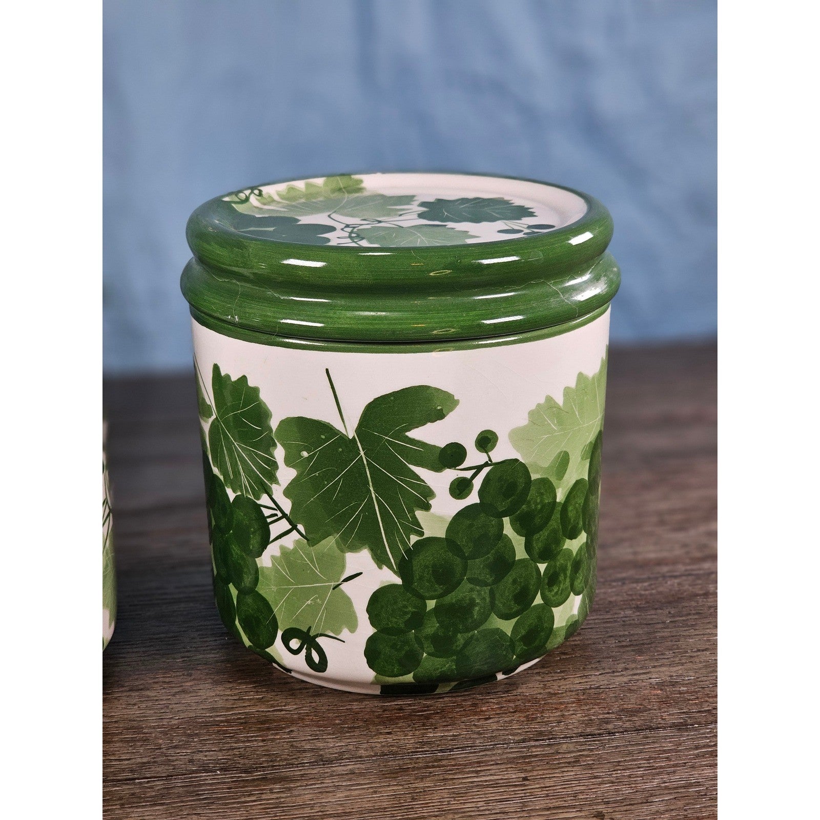 Vintage Grape Leaf Canisters with Lids – Set of 2 – Green Ceramic
