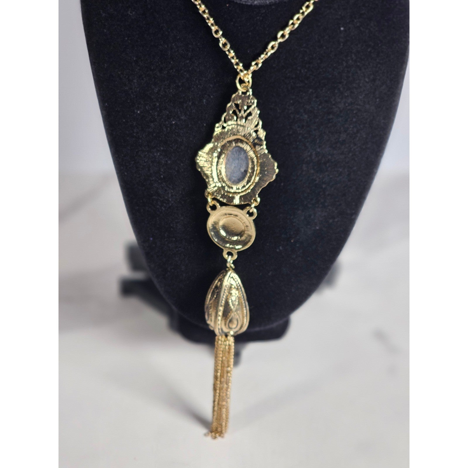 Vintage Gold Tone Red Cabochon Necklace with Faux Pearl Tassel Pendant