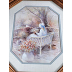 Vintage Framed Pastoral Art Print Octagon Wood Frame Cottage Garden Scene
