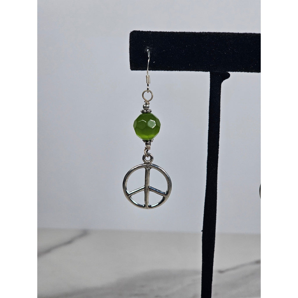 Vintage .925 Sterling Silver Peace Sign Dangle Earrings with Green Beads