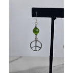 Vintage .925 Sterling Silver Peace Sign Dangle Earrings with Green Beads