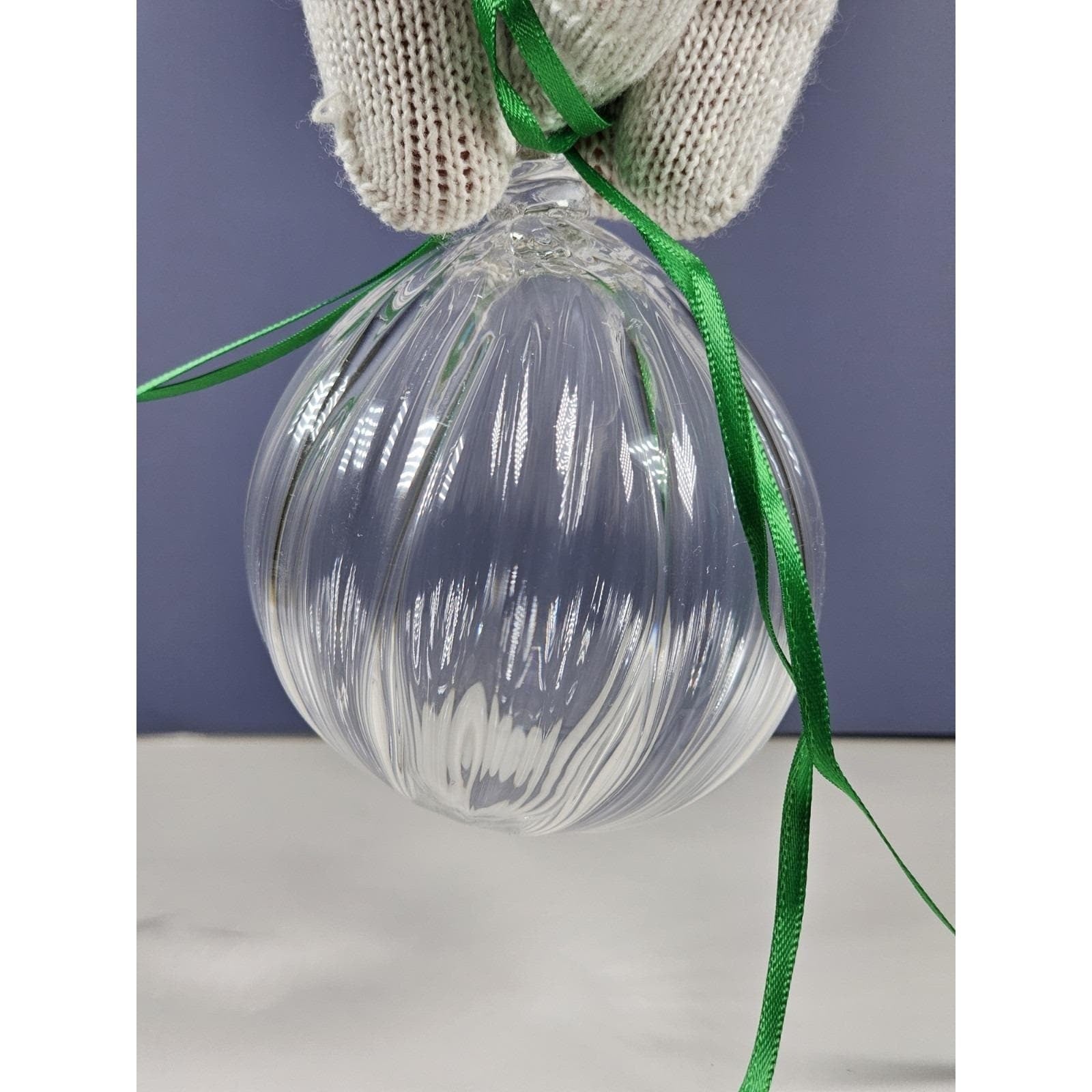 Vintage Hand Blown Ribbed Glass Ornament Clear Holiday Decor 4 Inch