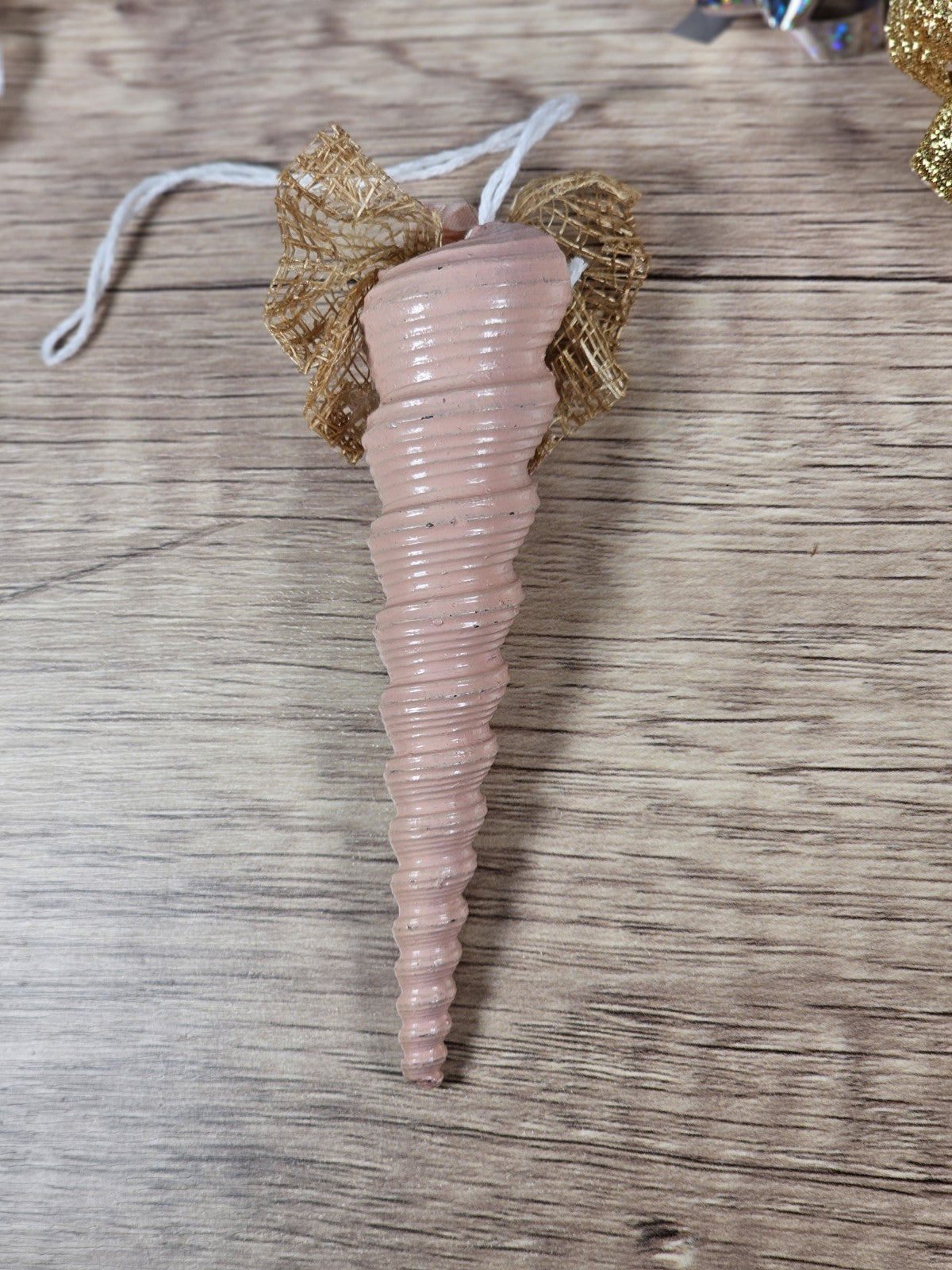 Vintage 90s Pink Auger Shell Ornament With Gold Bow & Rose Decoration 4"