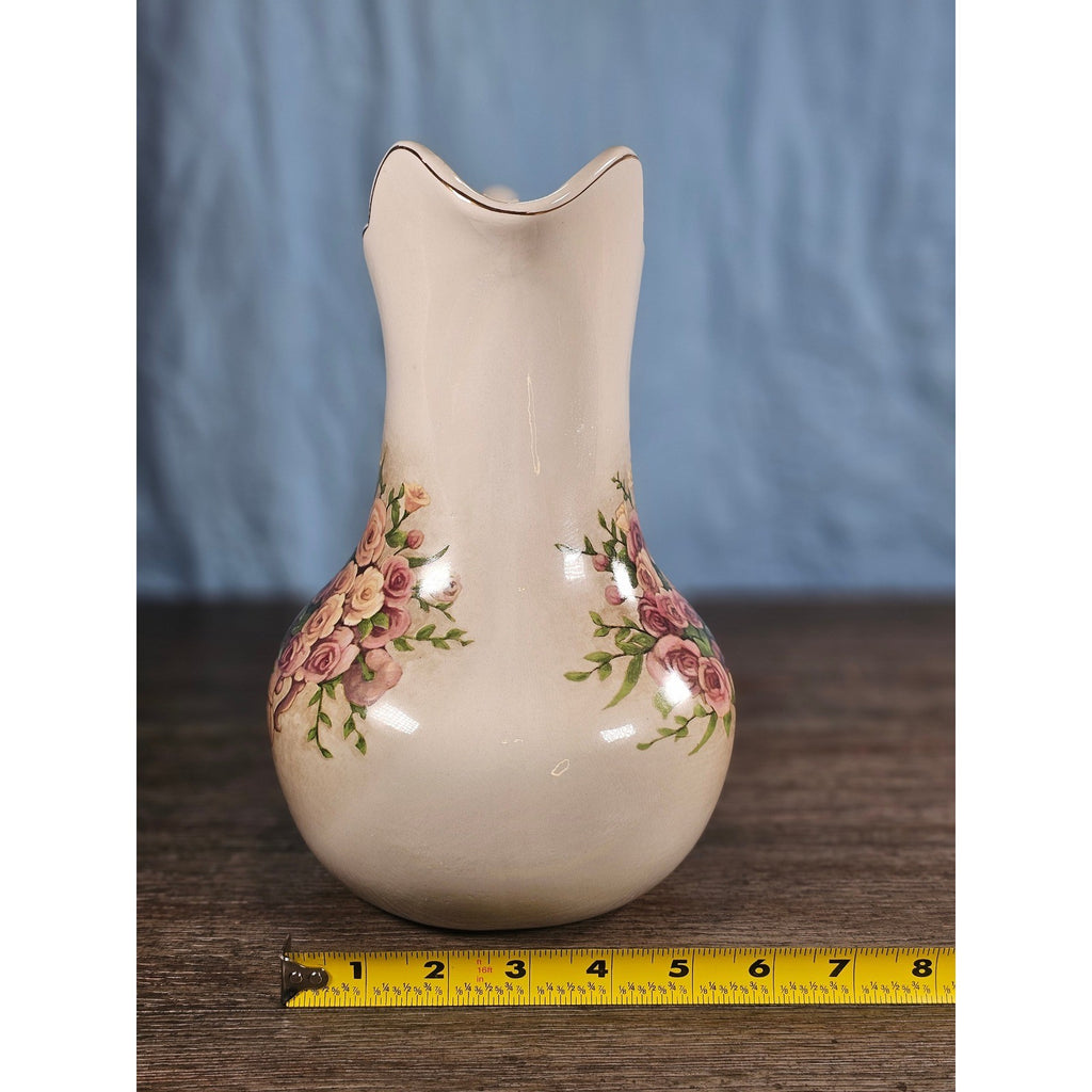 Vintage Belk Floral Ceramic Pitcher Rose Urn Design Cream Vase Handle