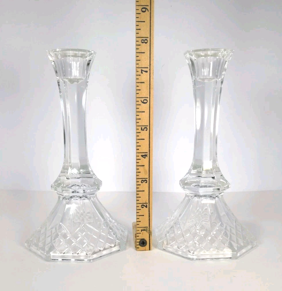 Set of 2 Vintage Crystal Diamond-Pattern Octagon Candlestick Holders 7.5″ x 4″