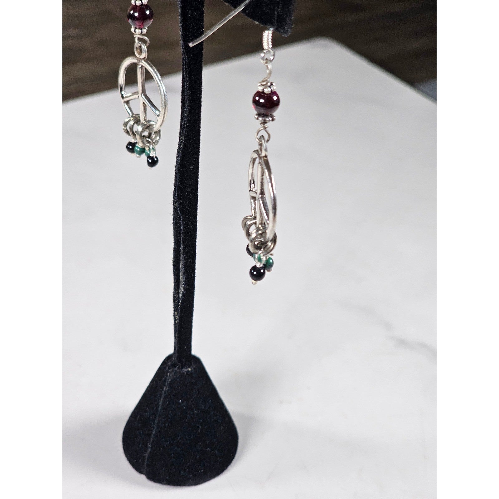 Vintage Peace Sign Dangle Earrings Garnet Bead Accent