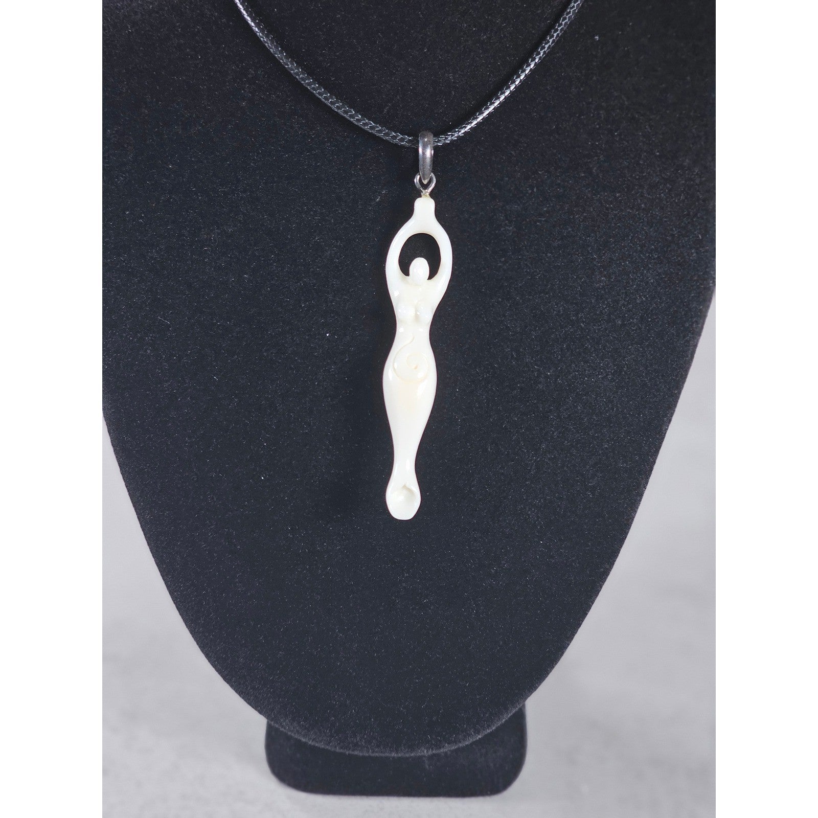 Vintage Carved Goddess Pendant Necklace on Black Cord