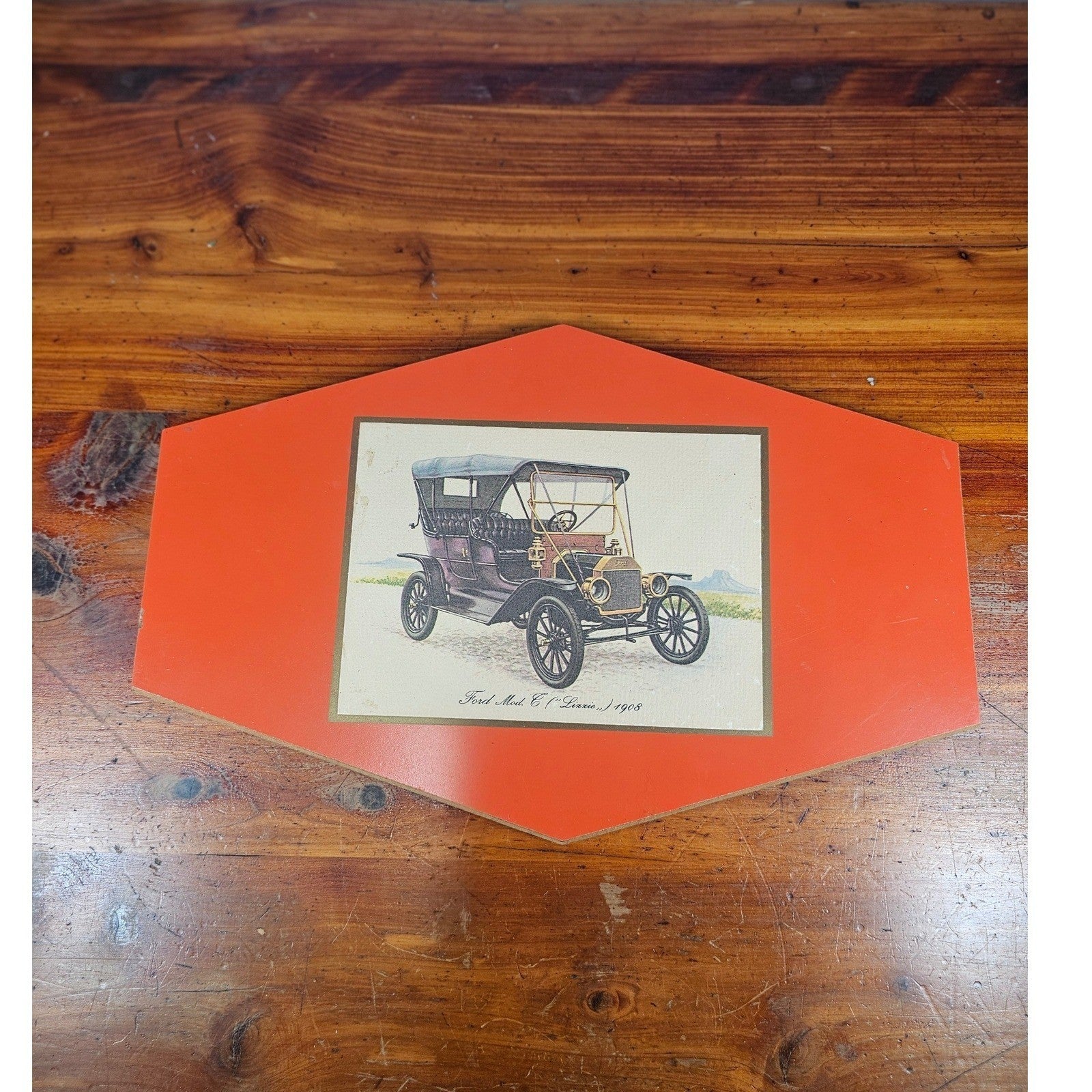 Vintage Ford Model T 1908 Print Mounted on Red Board, 11.5 x 8