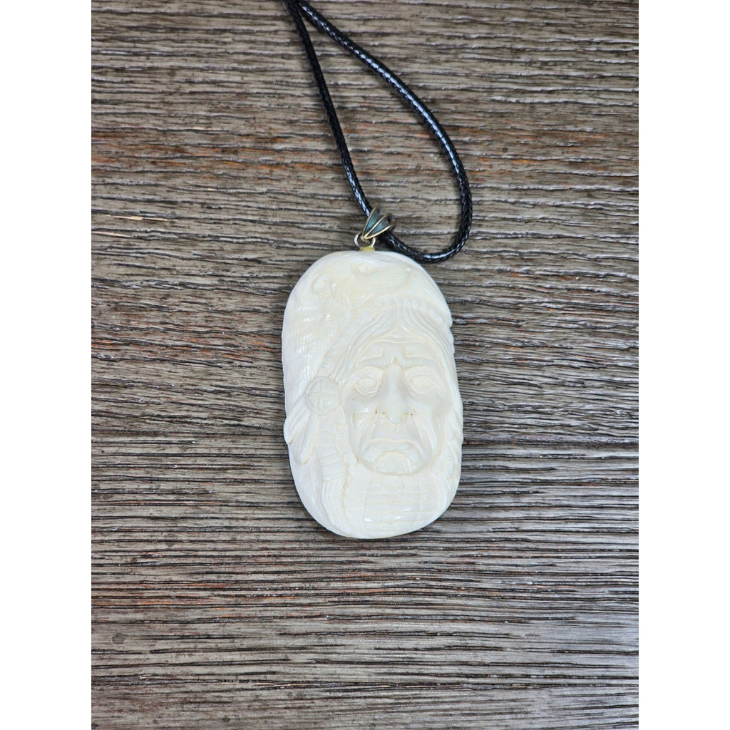Vintage Buffalo Bone Carved Pendant Necklace Native American Style 2x1