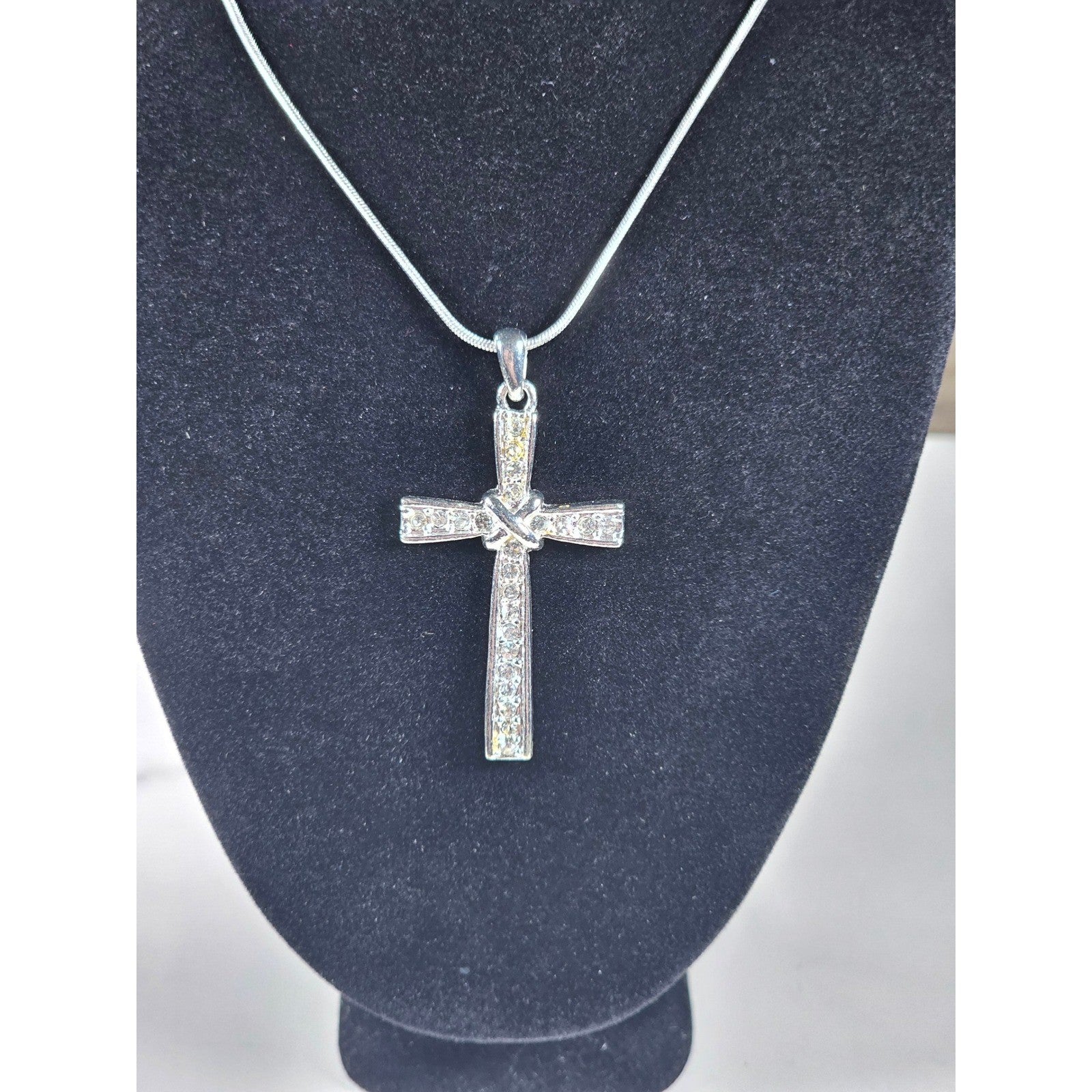 Vintage Silver Tone Cross Necklace with Clear Stone Accents