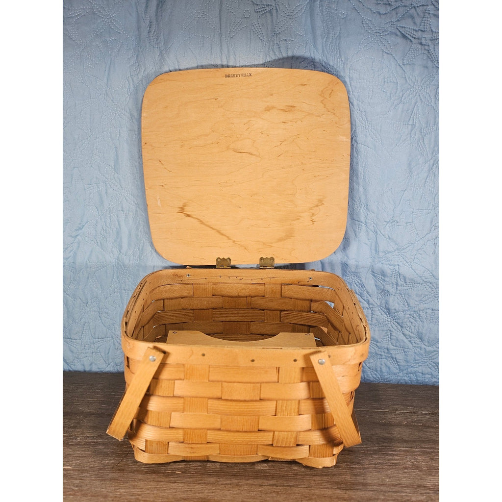 Vintage Basketville Wooden Picnic Basket with Lid & Handle 12.5x13x8