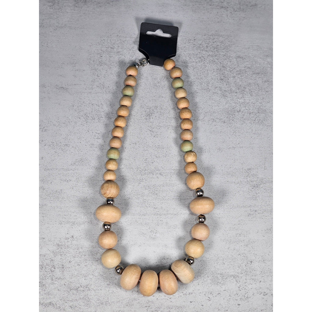 Vintage Wooden Bead Necklace with Silver Tone Accents | Rustic Boho Jewelry