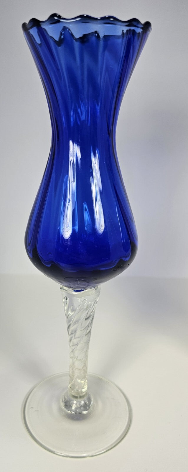 Set of 2 Tall Blue Optic Swirl Wine Goblets – Clear Stem Vintage Glassware 10″